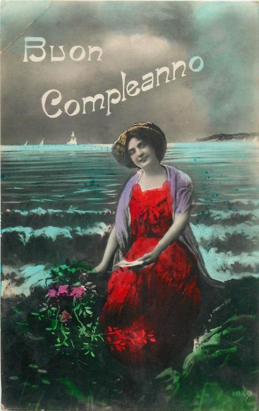 Buon Compleanno greetings vintage tinted postcard charm lady red dress seascape