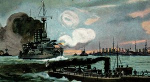 WWI German Imperial Navy Cruiser 'German Forces Surround the Enemy' Rare Artwork