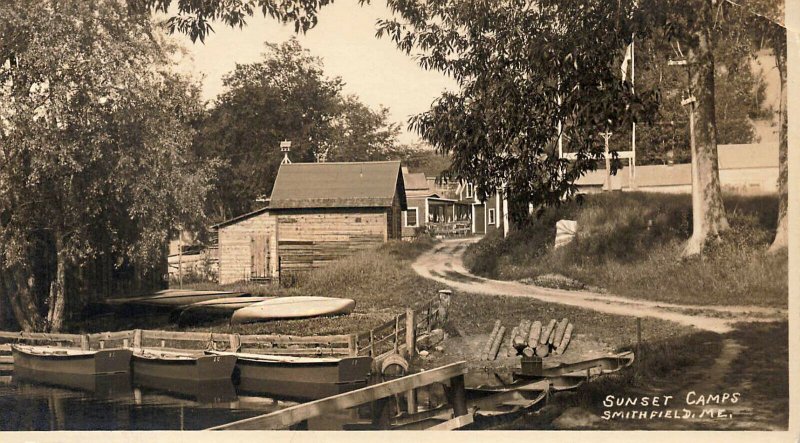 Smithfield ME Sunset Camps Dirt Road Boats, Real Photo Postcard 