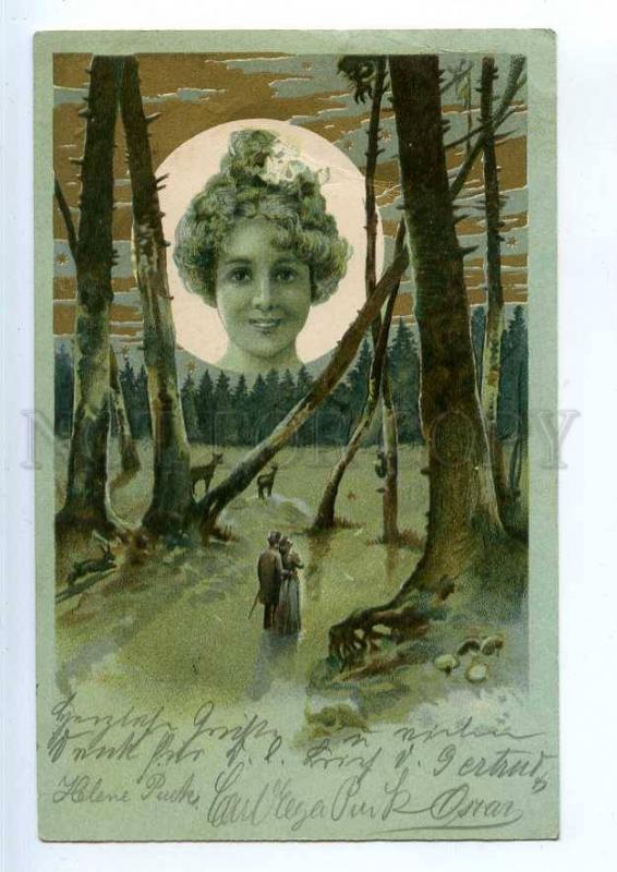 240845 ART NOUVEAU Huge MOON w/ WITCH Vintage POST 1900 year