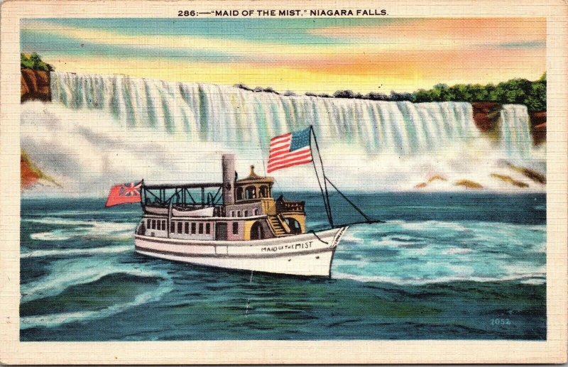 Maid of Mist Niagara Falls Waterfalls American Flag Boat Linen UNP VNG Postcard 