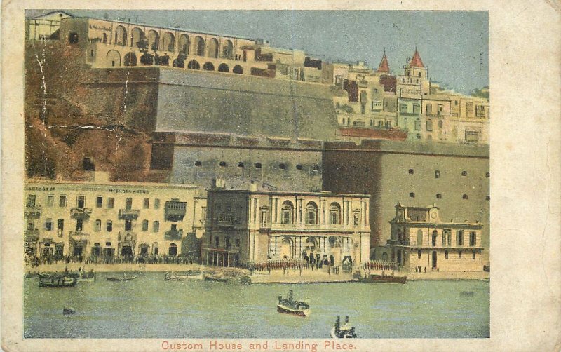 Postcard Malta Custom House and Landing Place harbour illustration aspect