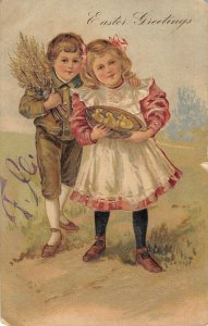 sweet boy and girl with chick in basket Easter postcard PFB c1907 Ea81