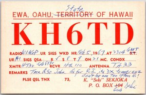 1967 QSL Radio Card Oahu Hawaii KH6TD Amateur Radio Station Posted Postcard