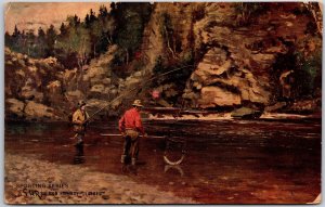 1911 Sporting Series Fishing on the River Salmon Landing Posted Postcard