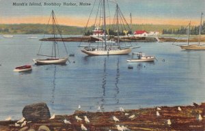 MARSH'S ISLAND BOOTHBAY HARBOR MAINE SHIPS POSTCARD (c. 1940s)