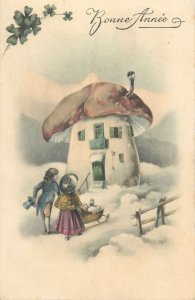 Happy New Year Surrealism Fantasy Postcard mushroom house elegant couple