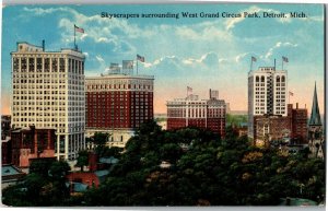 Skyscrapers Surrounding West Grand Circus Park Detroit MI Vintage Postcard W30