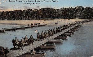 Troops Crossing the Kansas River on Pontoon Bridge Fort Riley, Kansas USA Mil...