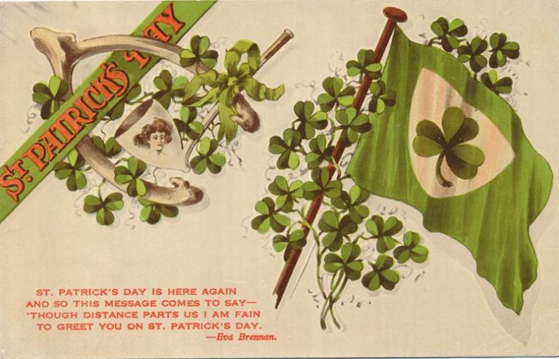 St Patricks Day Greetings - Eva Brennan Poem - Wishbone Pipe, Shamrock Flag - DB