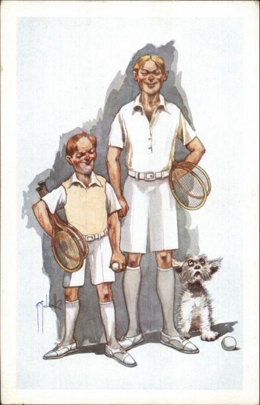 Tennis Players & Dog Caricature Art Czech Artist Schenk c1920 Postcard