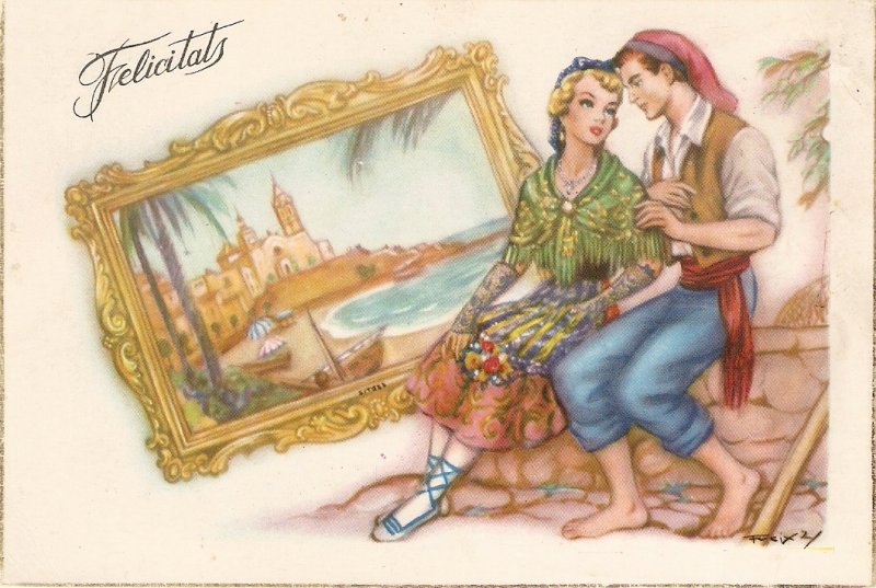 Catalan couple. Romance Vintage Spanish postcard