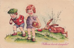 Drawn rabbit and children couple caricature 1936 greetings postcard Hungary