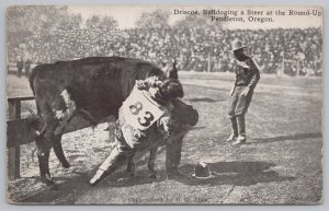 Western~Driscoe~Bulldogging Steer @ Round-Up~Pendleton Oregon~Vintage Postcard 