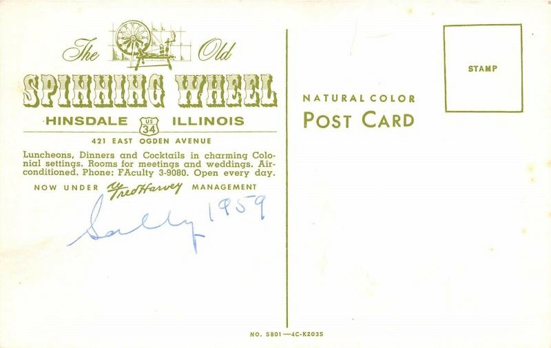 Hinsdale Illinois c1959 Postcard The Old Spinning Wheel Restaurant