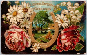 Loving Birthday Greetings Magnet Flower Bouquet Landscape Postcard