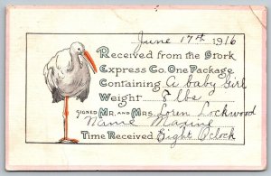 Kansas  Baby Birth Stork  June 17th 1916  Maxine Lockwood Postcard