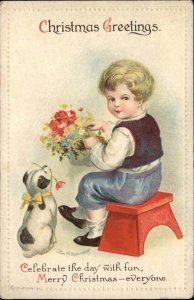 Clapsaddle Christmas Int'l Art Little Boy and Puppy Dog c1910 Vintage Postcard