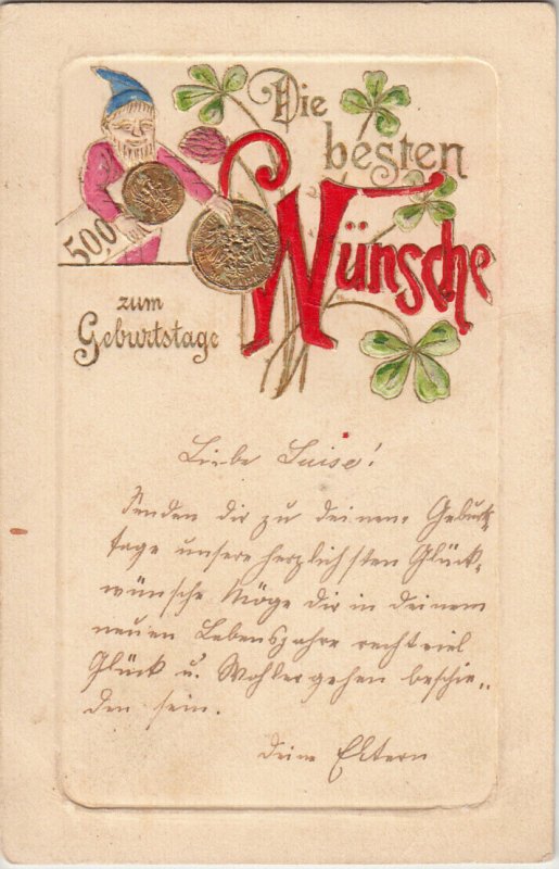 Birthday greetings 1905 embossed dwarf knome money luck fantasy Germany postcard