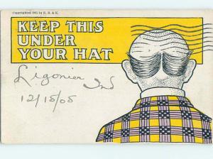 Pre-1907 balding comic BALD JOKE - KEEP THIS UNDER YOUR HAT HQ8422