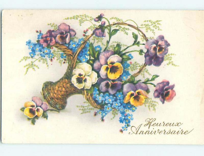 Pre-Linen foreign PANSY AND FORGET-ME-NOT FLOWERS IN WICKER BASKET HL7548