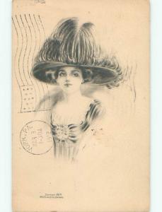 Pre-Linen art nouveau PRETTY GIRL WEARS LARGE OVERSIZE PUFFY HAT k7420