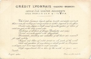 ALGERS BRANCH CREDIT LYONNAIS-BANK OFFICE FOR WINTER RESIDENTS~1900s TRADE CARD