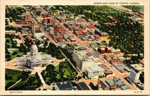 Vtg 1930s Aeroplane Aerial View of Topeka Kansas KS Unsed Linen Postcard