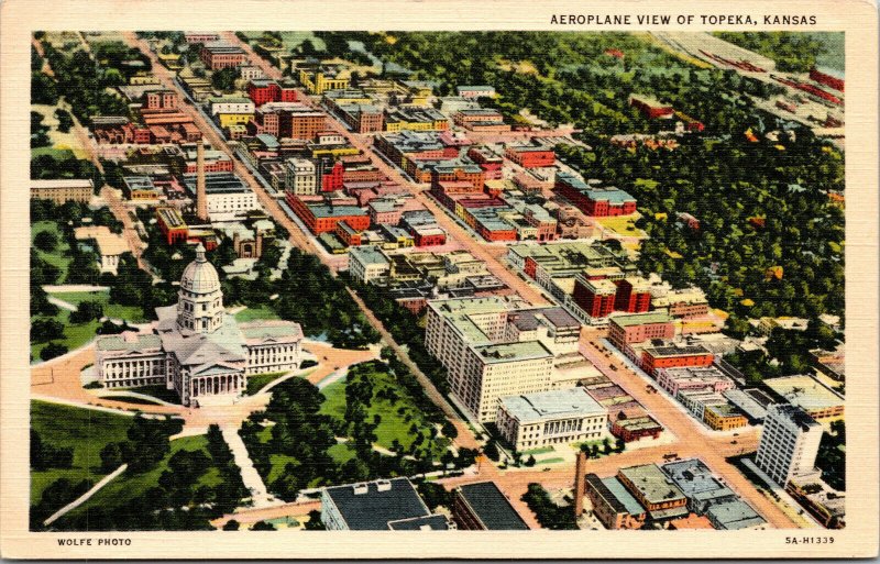 Vtg 1930s Aeroplane Aerial View of Topeka Kansas KS Unsed Linen Postcard