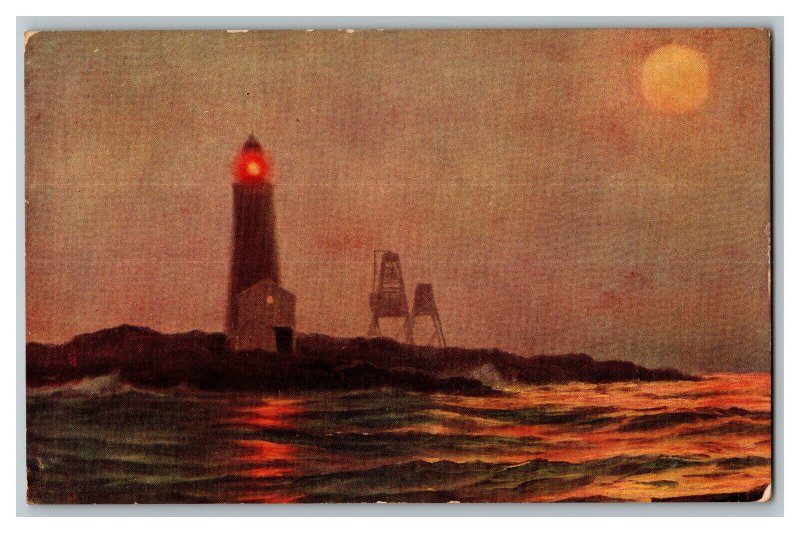 Lighthouse At Night By The Sea Vintage Standard View Postcard 