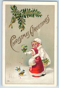 Christmas Postcard Greetings Children Berries Feeding Birds Embossed Boston MA