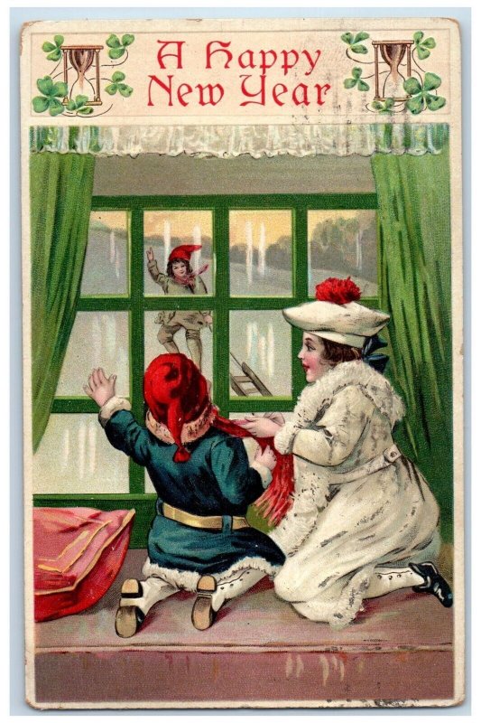 1909 New Year Mother And Son Window Waving Embossed Elizabeth NJ Posted Postcard 