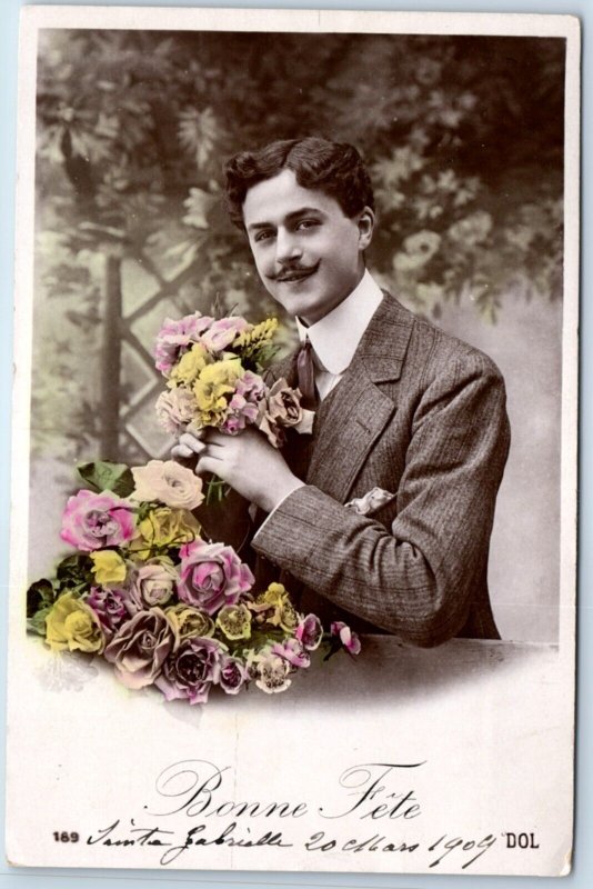 c1900s French Happy Holiday Creepy Man Holding Flowers RPPC Real Photo PC A136