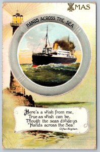 Hands Across The Sea, Steamship, Lighthouse, Vintage BB London Xmas Postcard