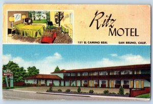 San Bruno California CA Postcard Ritz Motel Exterior Roadside Scene 1960 Vintage
