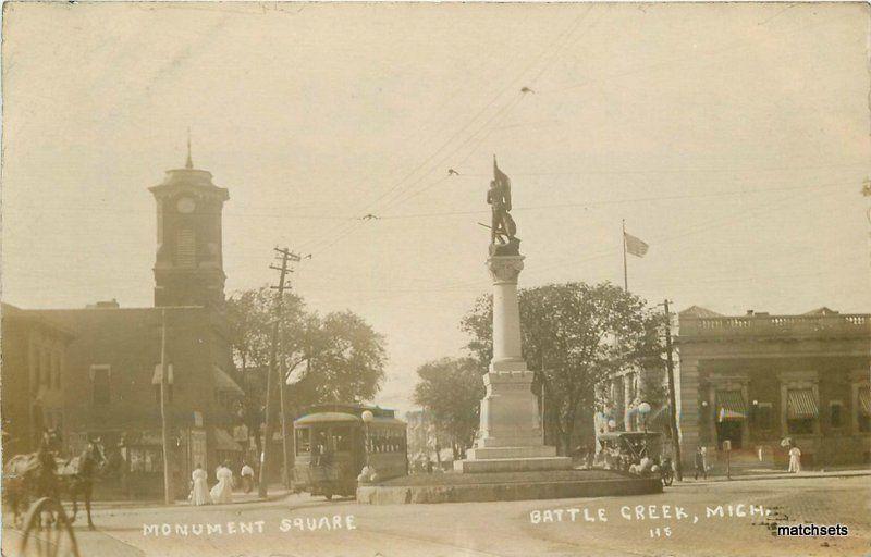 1909 Battle Creek Michigan Monument Square Trolley RPPC Real Photo 10294