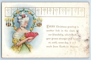 Christmas Greeting Pretty Woman Fan Flowers Candle Light Embossed Postcard