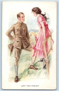 Archie Gunn Artist Signed Postcard Soldier Couple Romance Lest You Forget c1910s