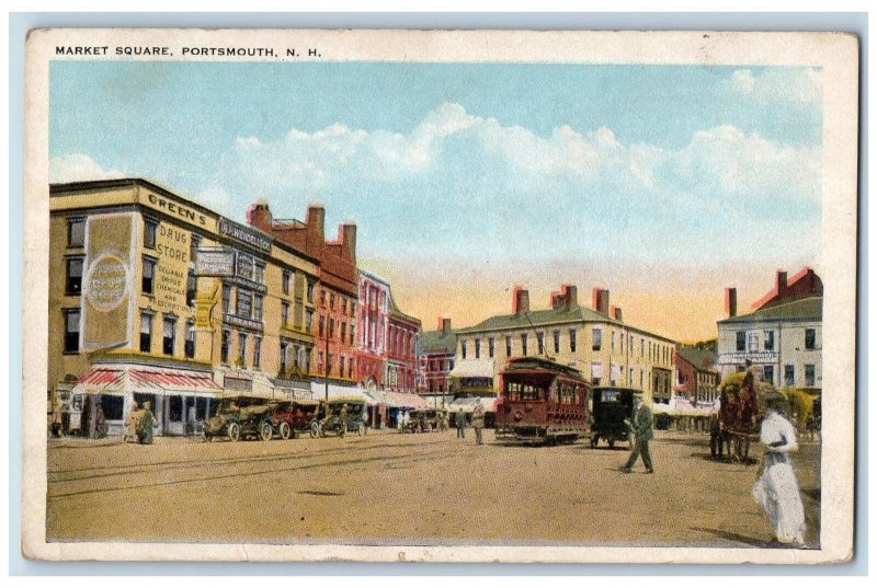 1923 Market Square Savannah USS Classic Car Store Railway Portsmouth NH Postcard