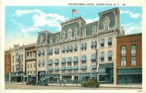 Autos 1920s Rockwell Hotel Postcard Glen Falls New York Hughes Teich 12621 Flag