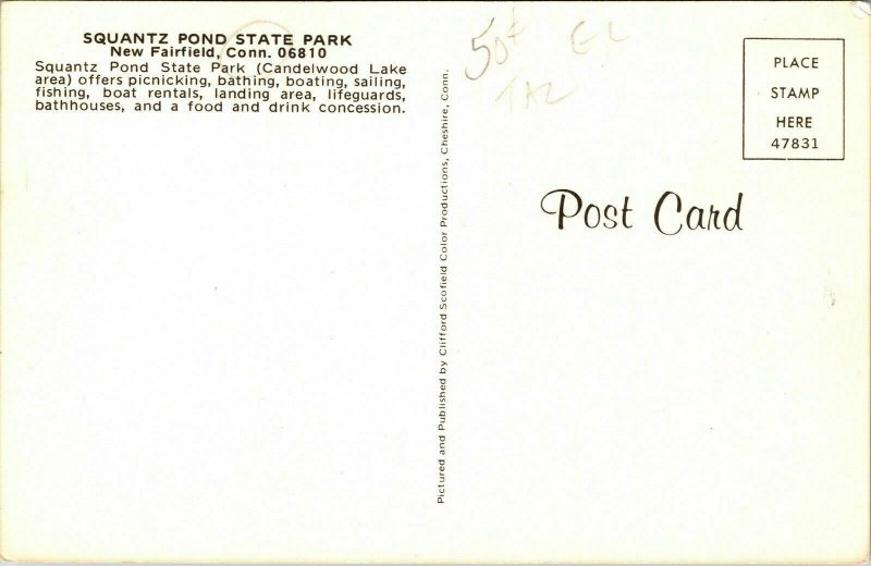 Squantz Pond State Park New Fairfield CT Candelwood Lake VTG Postcard UNP Unused 