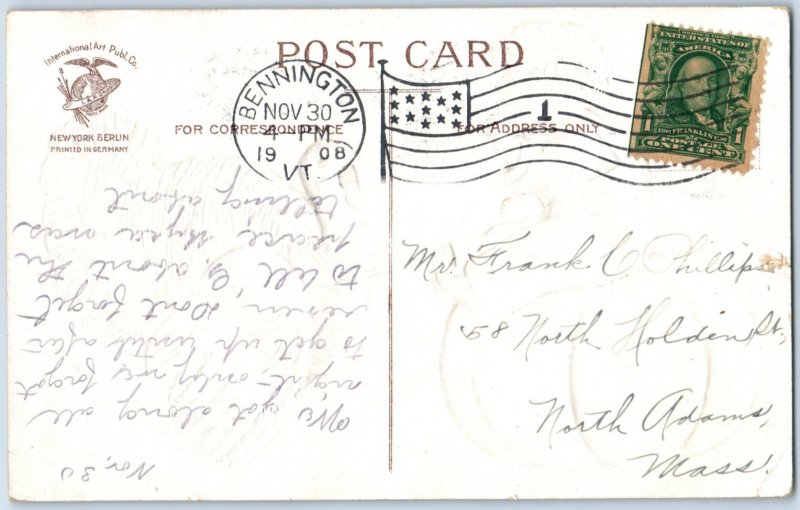 c1908 Thanksgiving Giant Turkey Pumpkin Cute Boy Embossed Postcard F41