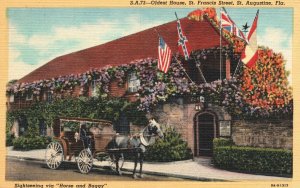 Vintage Postcard 1930's Horse & Buggy Oldest House St. Francis Street Florida FL