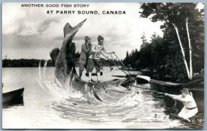 FISHING PARRY SOUND ONT CANADA VINTAGE EXAGGERATED REAL PHOTO POSTCARD RPPC