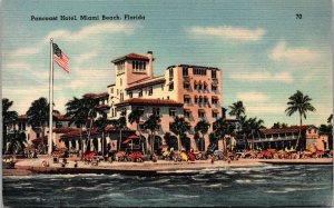 Miami Beach Florida~Linen Postcard~Pancoast Hotel~Flag/Beach/Umbrella~KA20