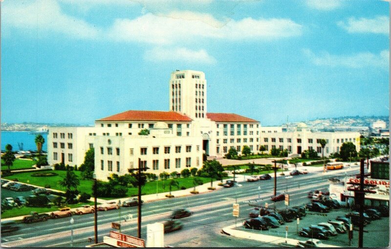 City Hall San Diego CA California Postcard Curteich UNP VTG Old Cars Unused