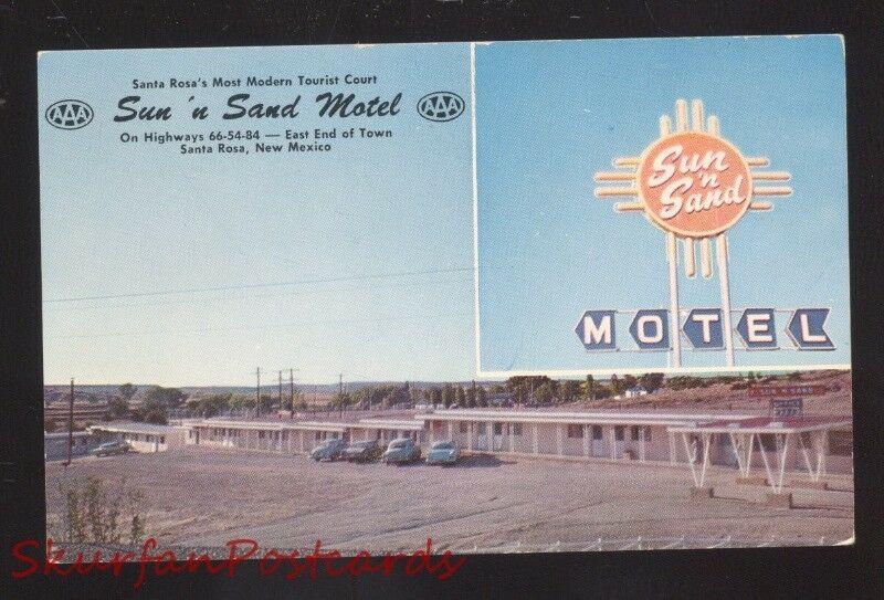 SANTA ROSA NEW MEXICO ROUTE 66 1950's CARS SUN N SAND MOTEL ADVERTISING POSTCARD