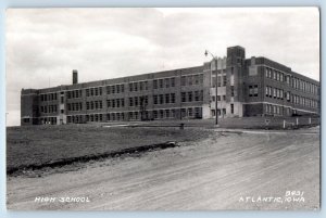 Atlantic Iowa IA Postcard RPPC Photo High School Building Dirt Road c1940's