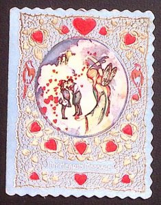 1930s VALENTINES DAY DIE CUT CARD KISSING COUPLE CUPID EMBOSSED FOLD OUT  Z536