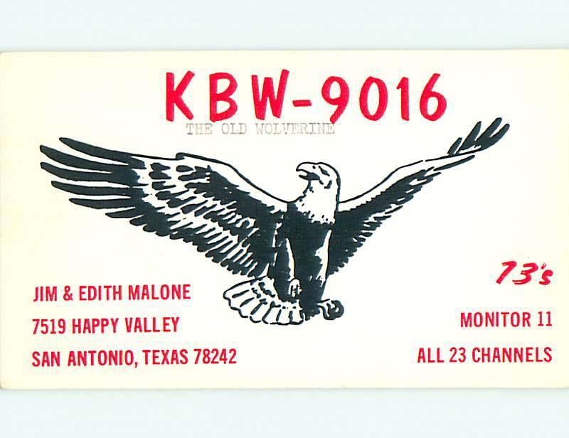 patriotic EAGLE BIRD - QSL CB HAM RADIO CARD San Antonio Texas TX t9535
